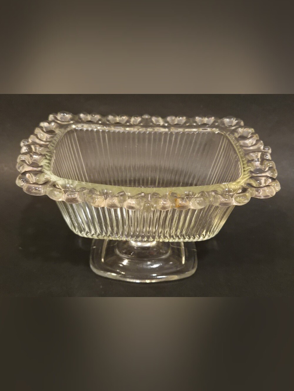 Vintage Indiana Glass Clear Glass Pedestal Candy Dish With Lace Edge & Ribbed